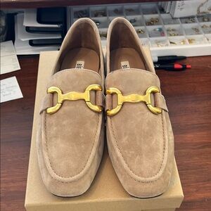 Tan Suede Loafers with Gold Accent
